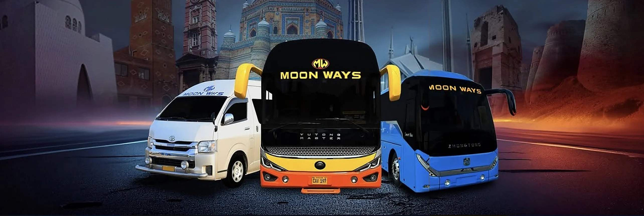 A Moon Ways Hi Roof van, flagship coach and Zhongtong coach on the road, with Pakistani landmarks behind them